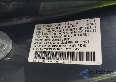 2011 Acura Rdx из США, поврежденный, VIN 5J8TB1H59BA004401